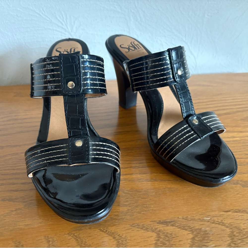 Sofft Black Patent Leather Heeled Sandals